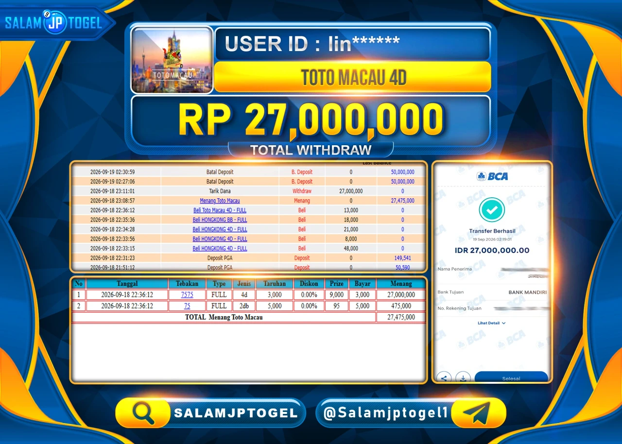 SALAMJPTOGEL JACKPOT MENANG TOGEL TOTO MACAU 4D Rp.27,000,000 - LUNAS