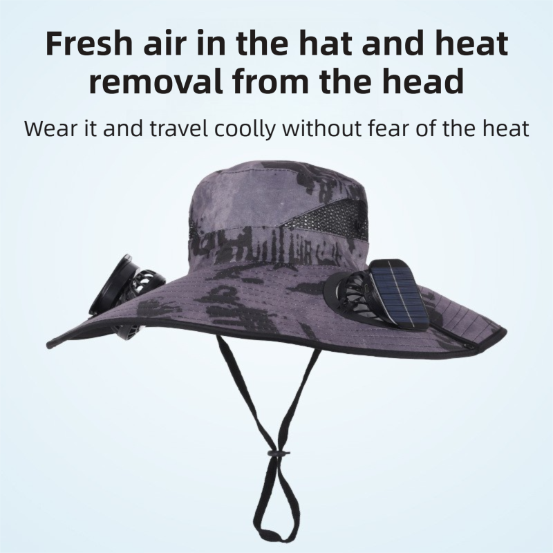 Dark Grey Dual Turbo Fan Sun Hat with Round Solar Panel & TypeC Interface - Waterproof 14cm Wide-Brim Cooling Hat for Outdoor Fishing Hiking Camping
