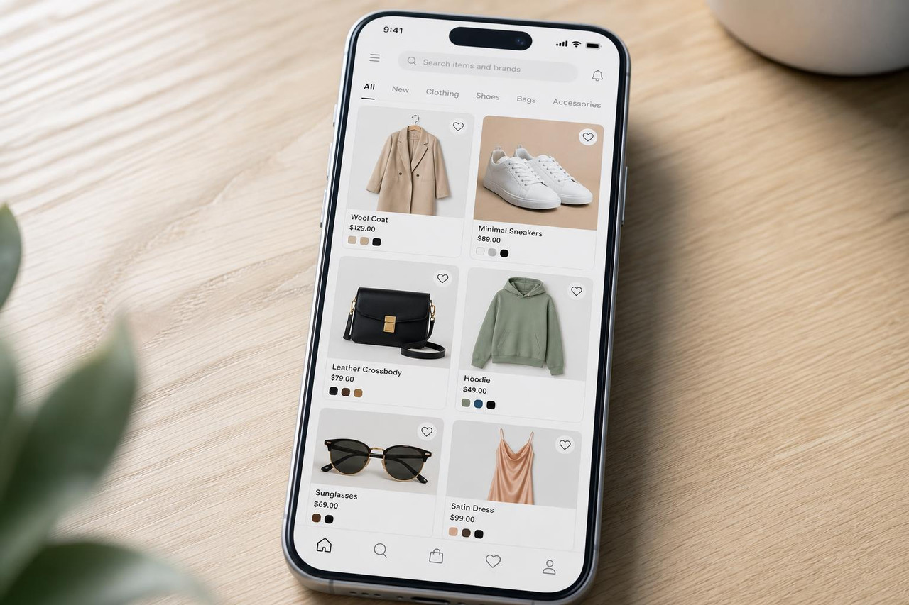 Экран смартфона с открытым приложением Tmall и каталогом товаров