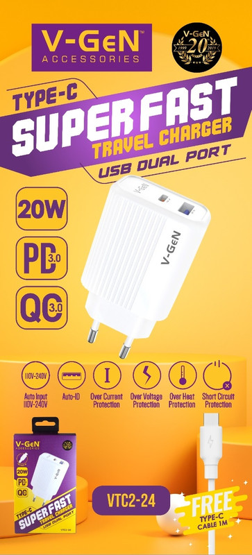 VTC2-24 2 port, (USB-A + Type-C), PD 20W