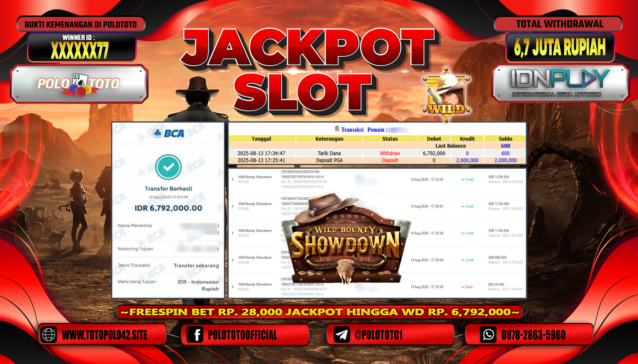 POLOTOTO JACKPOT SLOT WILD BOUNTHY SHOWDOWN Rp.6.700.000,-LUNAS