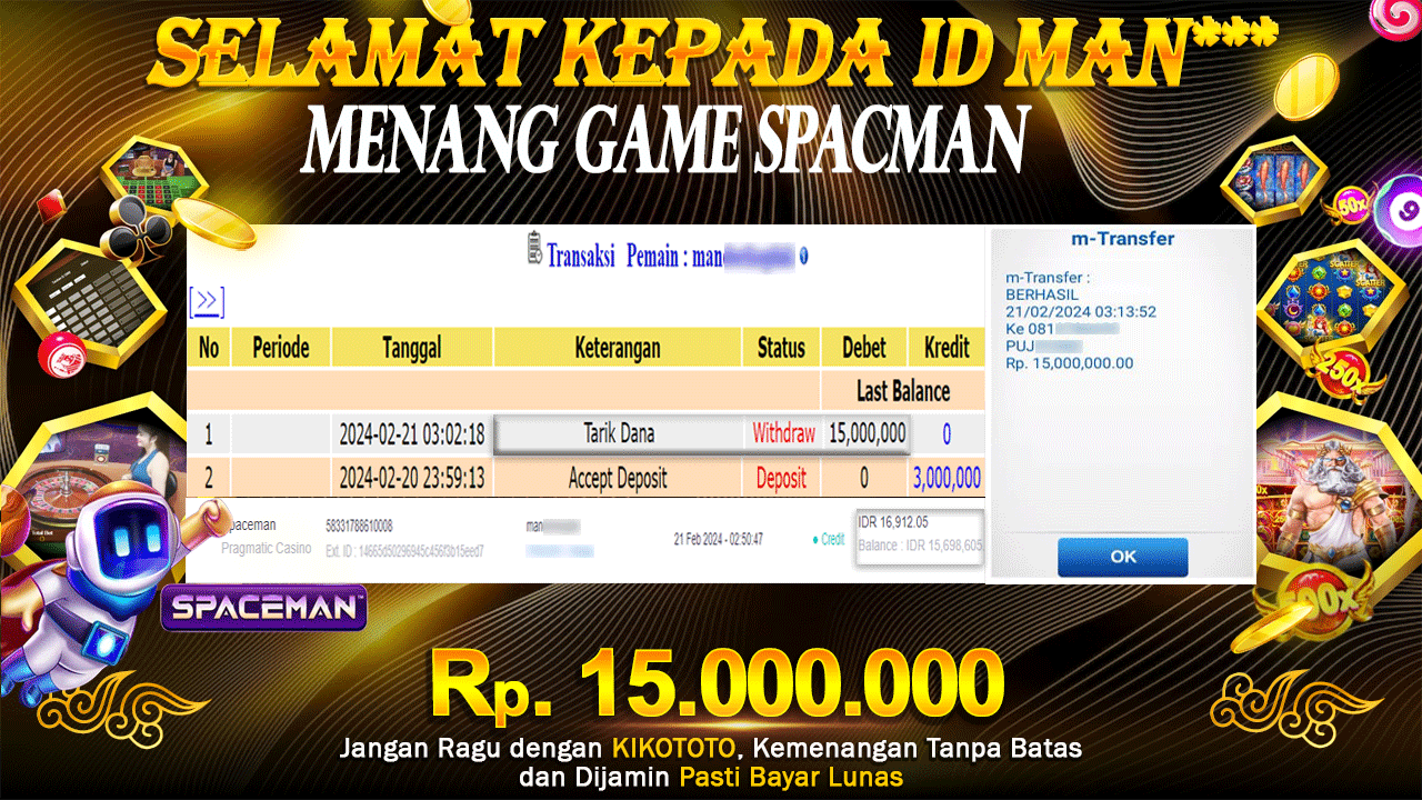 BIG WIN !!! MENANG BELASAN  JUTA DI GAME SPACMAN SEBESAR Rp 15,000,000 LANGSUNG DI BAYAR KIKOTOTO !!!!