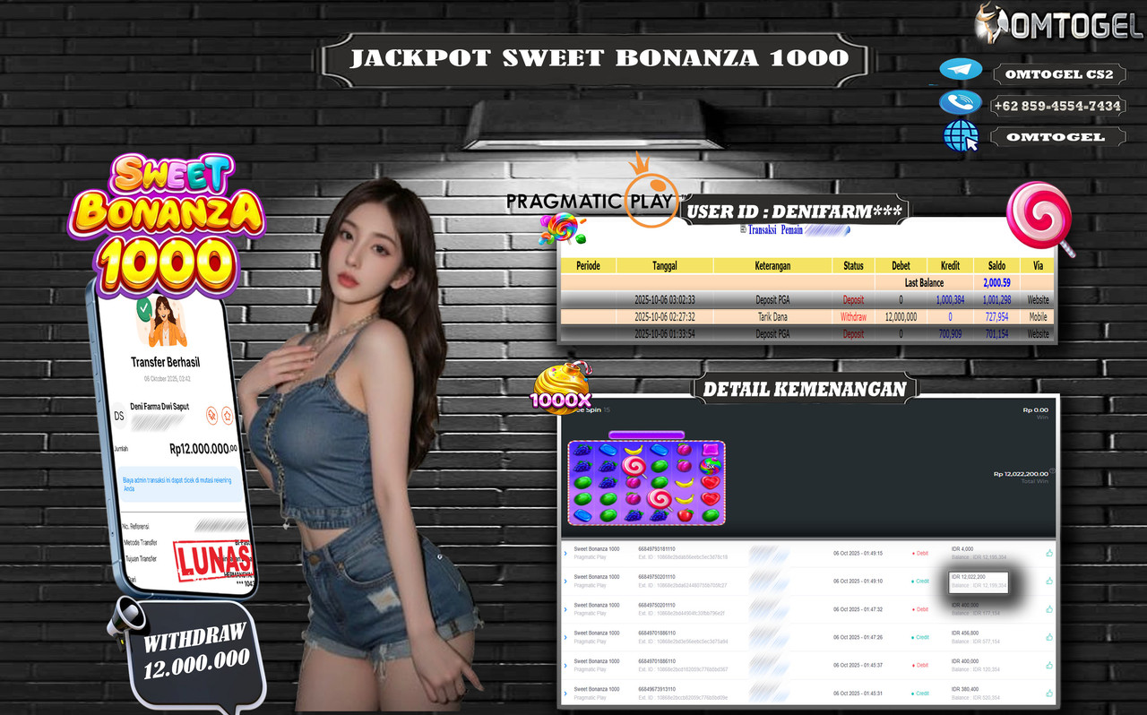 OMTOGEL JACKPOT PRAGMATIC PLAY SWEET BONANZA 1000 12 JUTA DI BAYAR LUNAS ,-