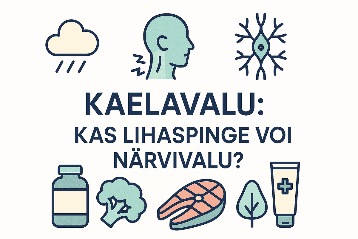 Kaelavalu: kas lihaspinge või närvivalu? – Hariv terviseinfograafika Kaelavalu infograafika, mis käsitleb lihaspingest ja närvivalust tingitud kaelavalu põhjuseid