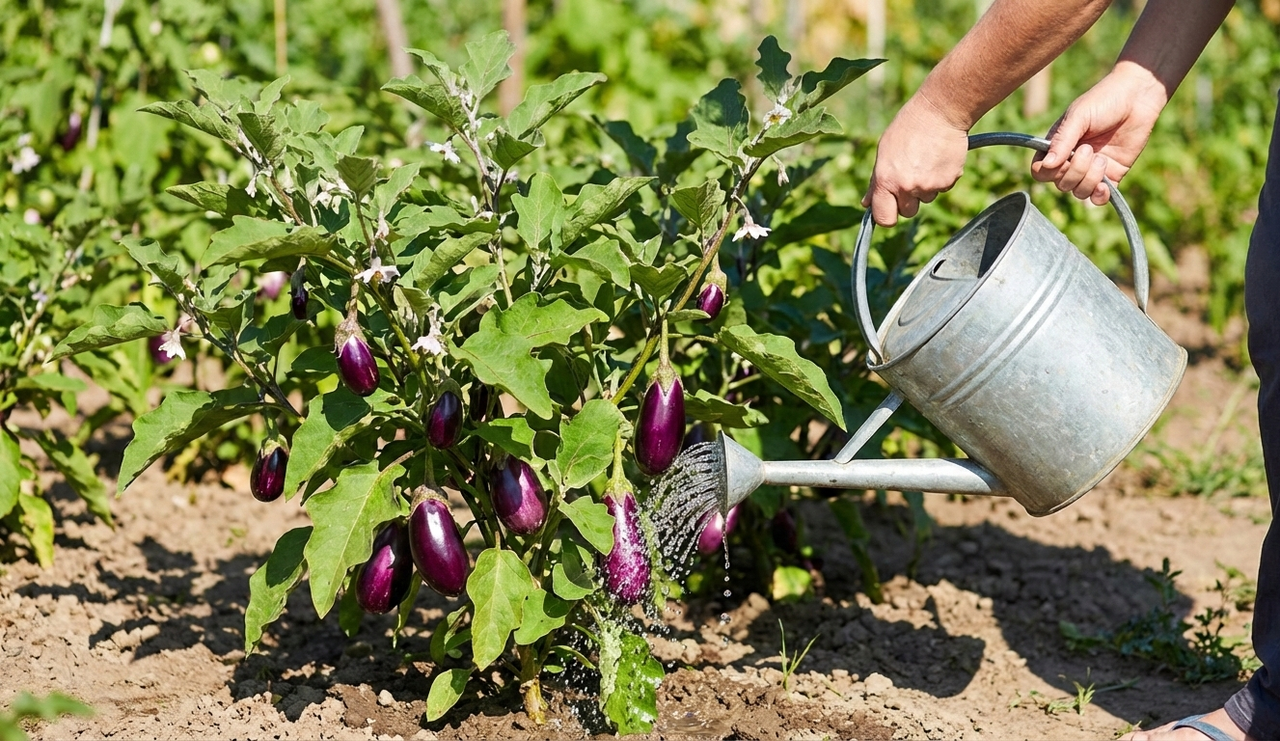 Watering schedule for brinjal plants in pots and garden beds