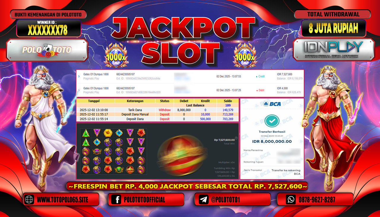 POLOTOTO JACKPOT SLOT GATES OF OLYMPUS 1000 Rp.8.000.000,- LUNAS