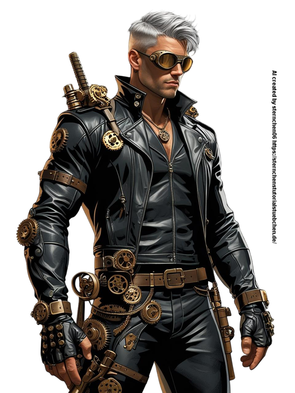 hells angel, man ,steampunk in black leather clothes, silver short Hair, digitalart,  full body (1)
