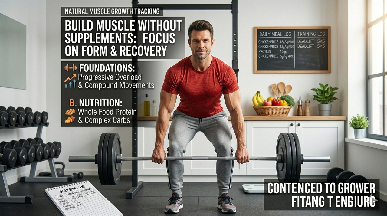 Infographic comparing whole food protein sources with supplement alternatives, showing natural muscle growth vs supplement-dependent approach