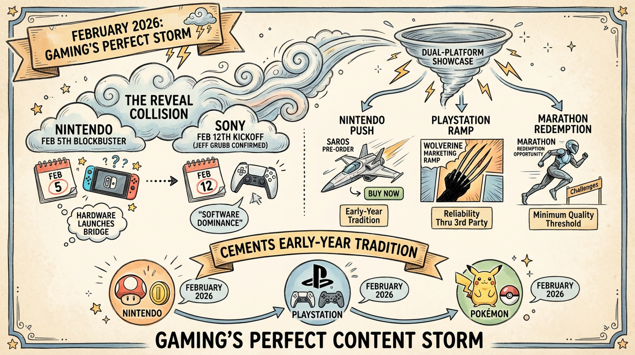 February State of Play Week of Feb 12 Confirmed? Jeff Grubb & NateTheHate Align on PS5 Showcase 1 PlayStation 5 controller on gaming desk with neon lighting