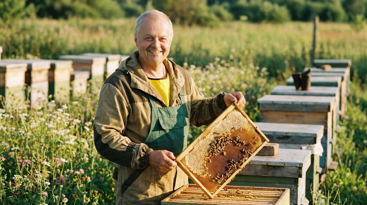 Пасечник с ульями на семейной пасеки