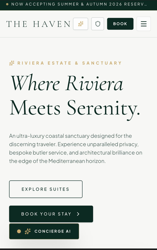 The Haven luxury coastal resort web experience displaying suite galleries and online booking options
