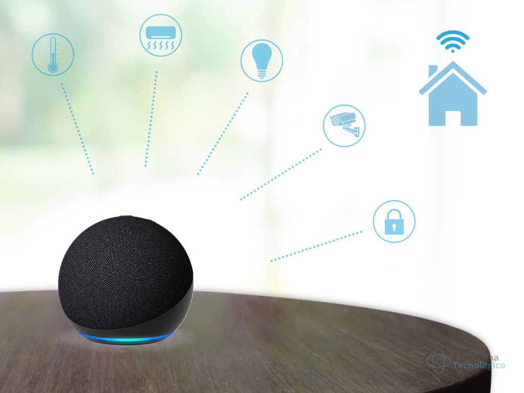 Amazon Echo Dot 5 com Alexa em cima de uma mesa e, ao retor, ícones representando funcionalidades de casa inteligente.