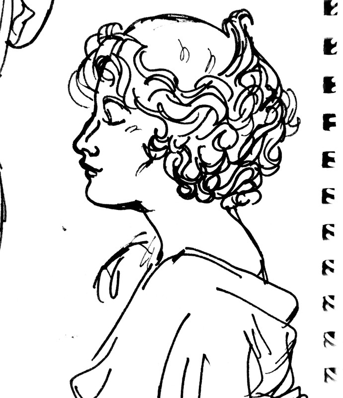 Illustration of a lady, short haired, side profile. Her eyes are closed, she is smiling