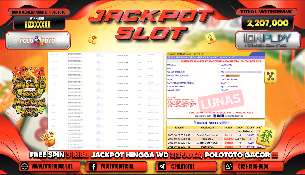 POLOTOTO JACKPOT SLOT MAHJONG WAYS Rp.2.207.000,- LUNAS