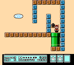 Barely able to enter the pipe as Raccoon Mario with a left airborne muncher in the way in World 3-2.