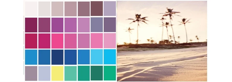 Palette Été : des teintes bleutées, grisées et poudrées comme le jaune sable, synonymes de douceur et d’élégance.