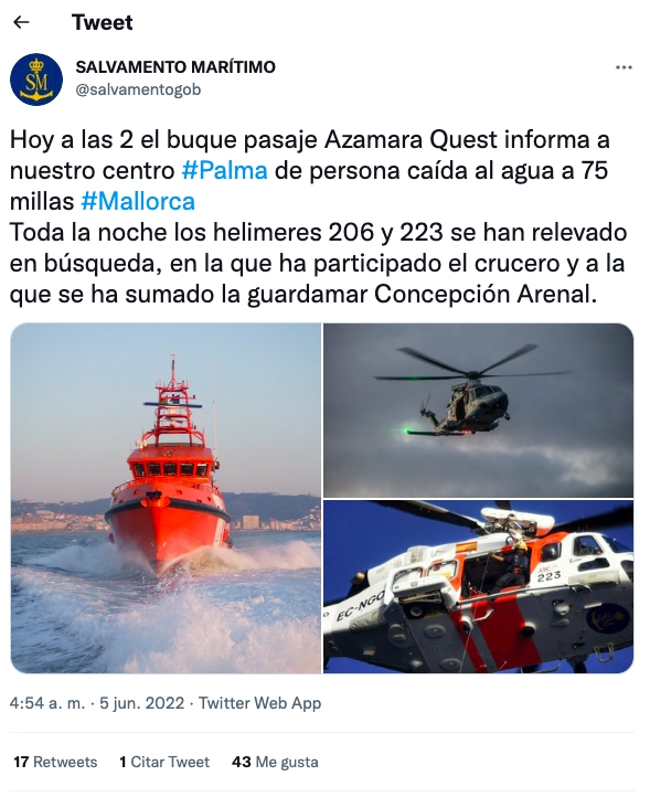 Mujer cae de un crucero en costas de Mallorca y la buscan con urgencia