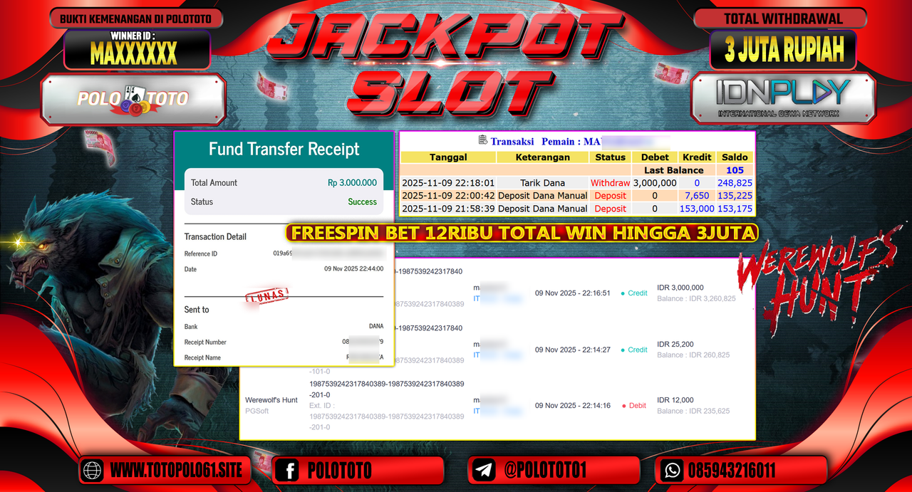 POLOTOTO JACKPOT SLOT WEREWOLFS HUNT Rp.3.000.000,- LUNAS