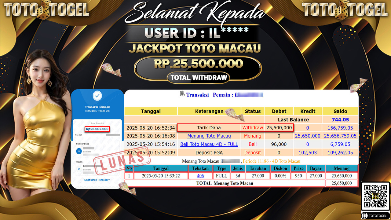 Bukti Pembayaran Jackpot Permainan Togel Toto Macau ID:IL***** LUNAS