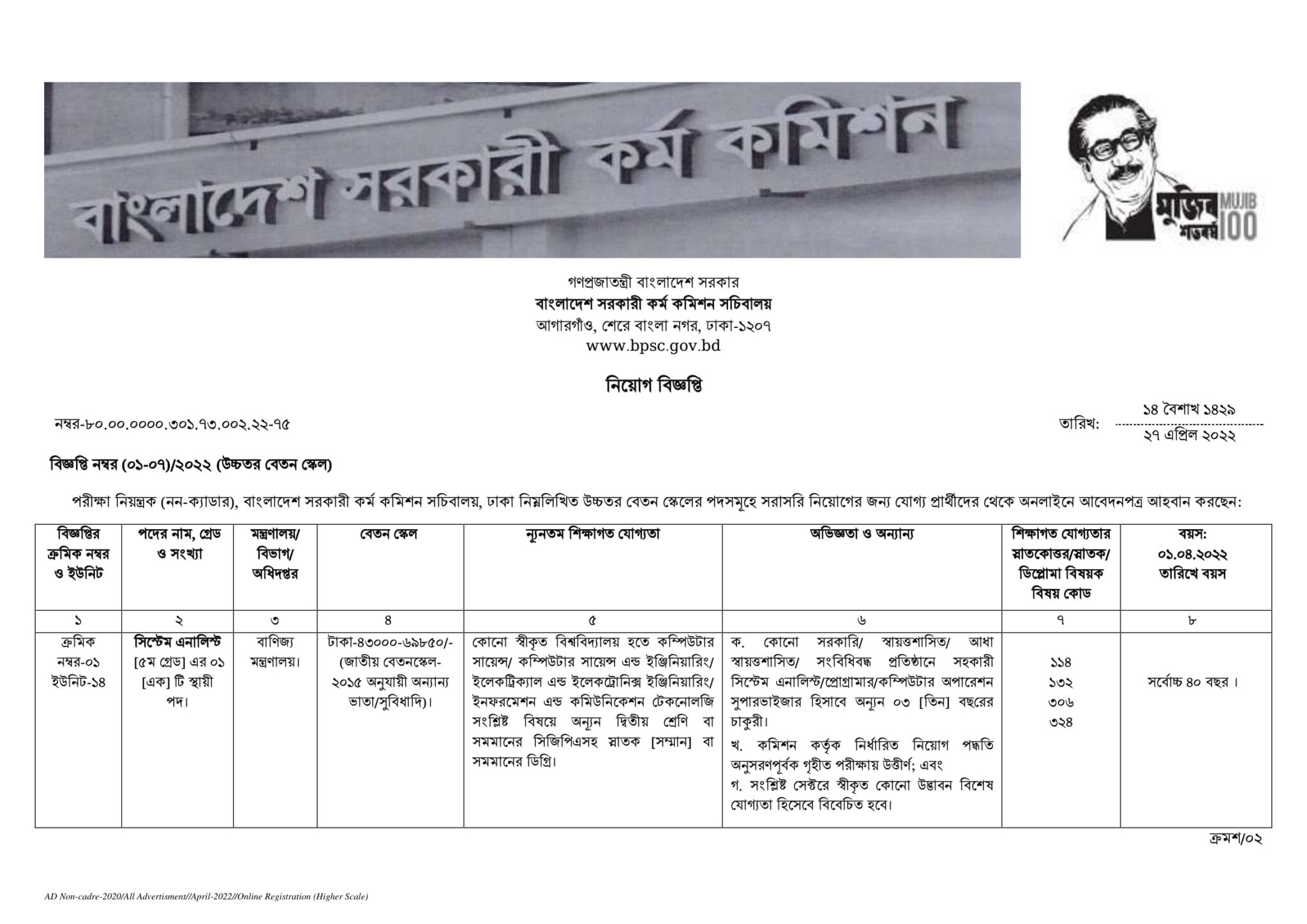 BPSC Job Circular 2022