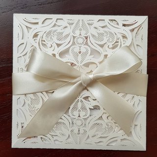 Champagne four fold lace laser cut Wedding / Event Invitation card with matching ribbon bow