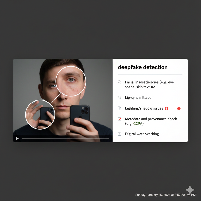 Deepfake detection checklist UI showing key visual signs to verify