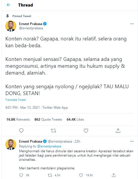 Ernest Prakasa sindir konten kreator yang plagiat
