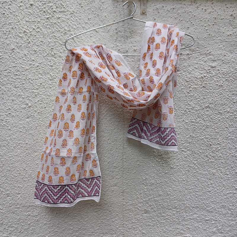 White Elegance with Yellow Floral Hand Block Printed Cotton Stole