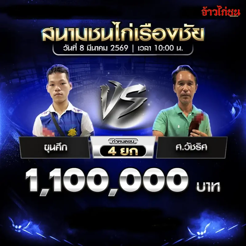 โปรแกรมไก่ชน ขุนศึก vs ศ.วัชริศ สนามชนไก่เรืองชัย 8 มีนาคม 2569