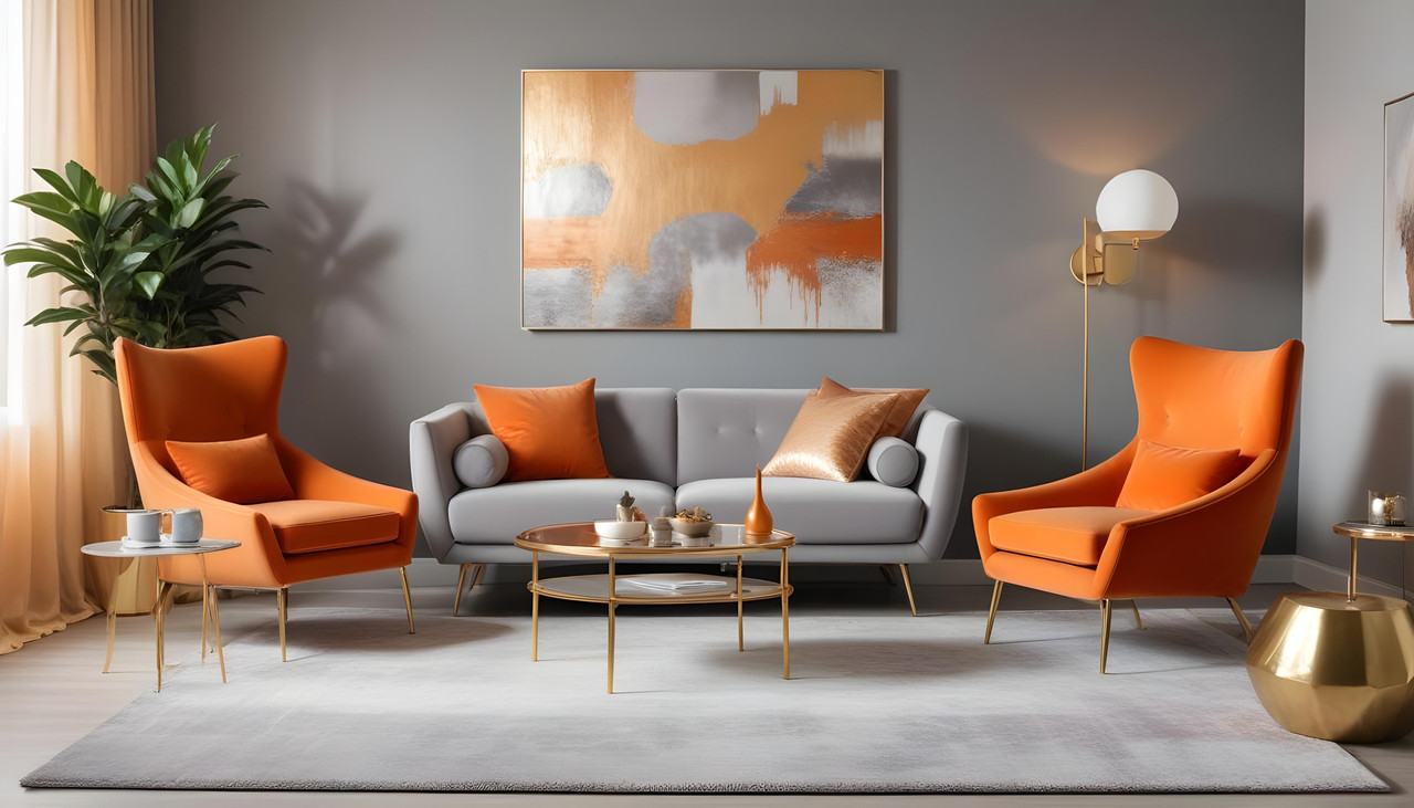 Contemporary Living Room Design with Grey Sofa and Orange Accent Chair