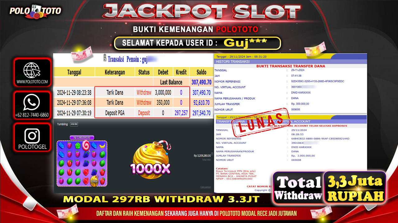 POLOTOTO JACKPOT SLOT SWEET BONANZA 1000 Rp.3,350.000,-