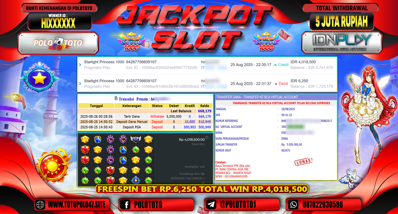 POLOTOTO JACKPOT SLOT STARLIGHT PRINCESS 1000 Rp.5.000.000,-