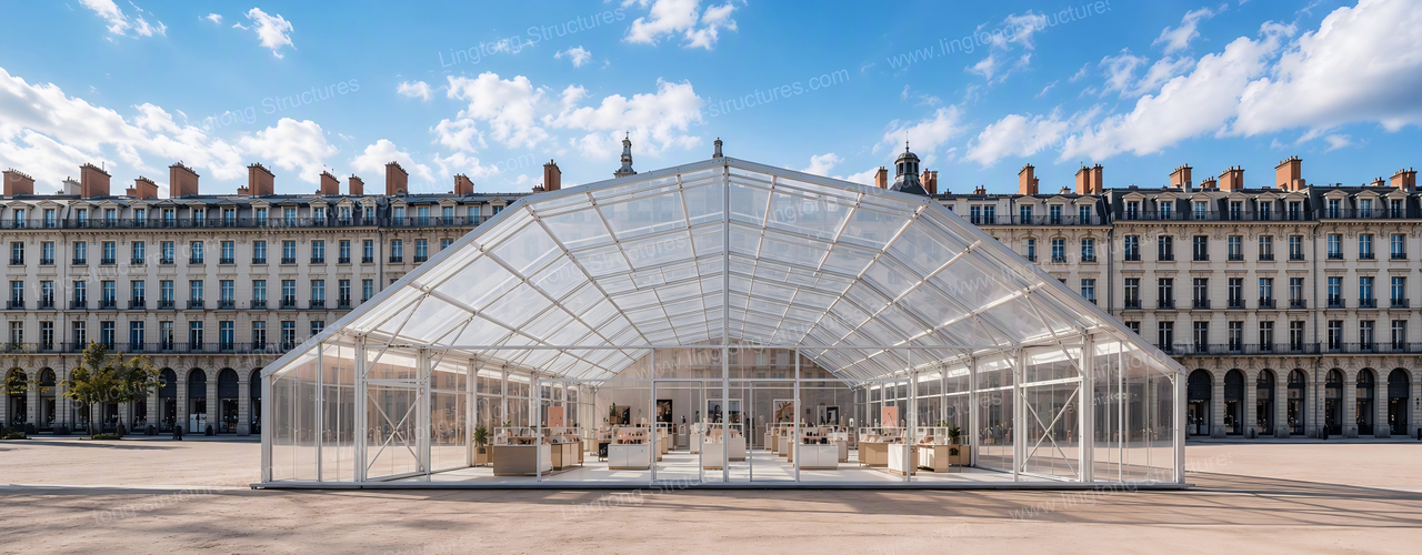 Multi-faceted clear-top event tent exterior at night with custom lighting