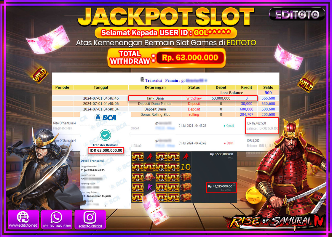 JACKPOT  SLOT EDITOTO RIES OF SAMURAI 4 Rp.63.000.000.,- LUNAS