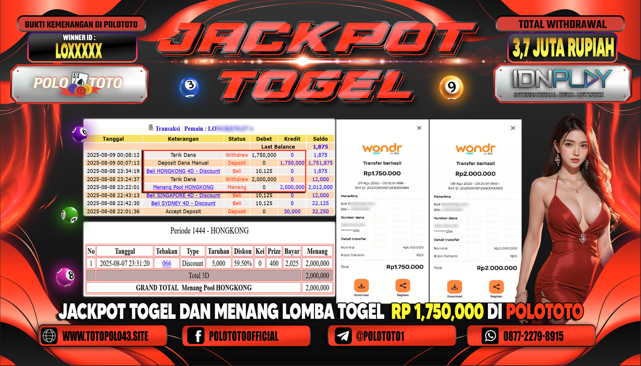 POLOTOTO JACKPOT TOGEL HONGKONG LOTTO Rp.3.700.000,-LUNAS