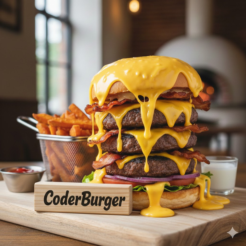 CoderBurge - Hamburquesa triple cuarto de libra con chedar, cebolla, bacon, salsa SpecialCoder con papas fritas