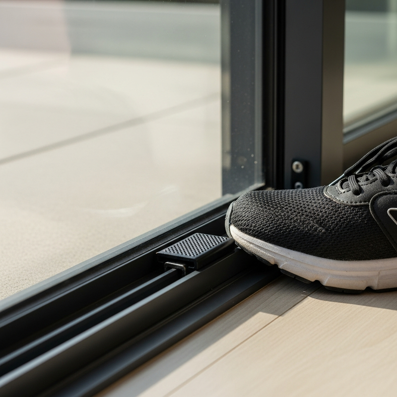 Foot-operated secondary lock installed at base of sliding glass door for added security