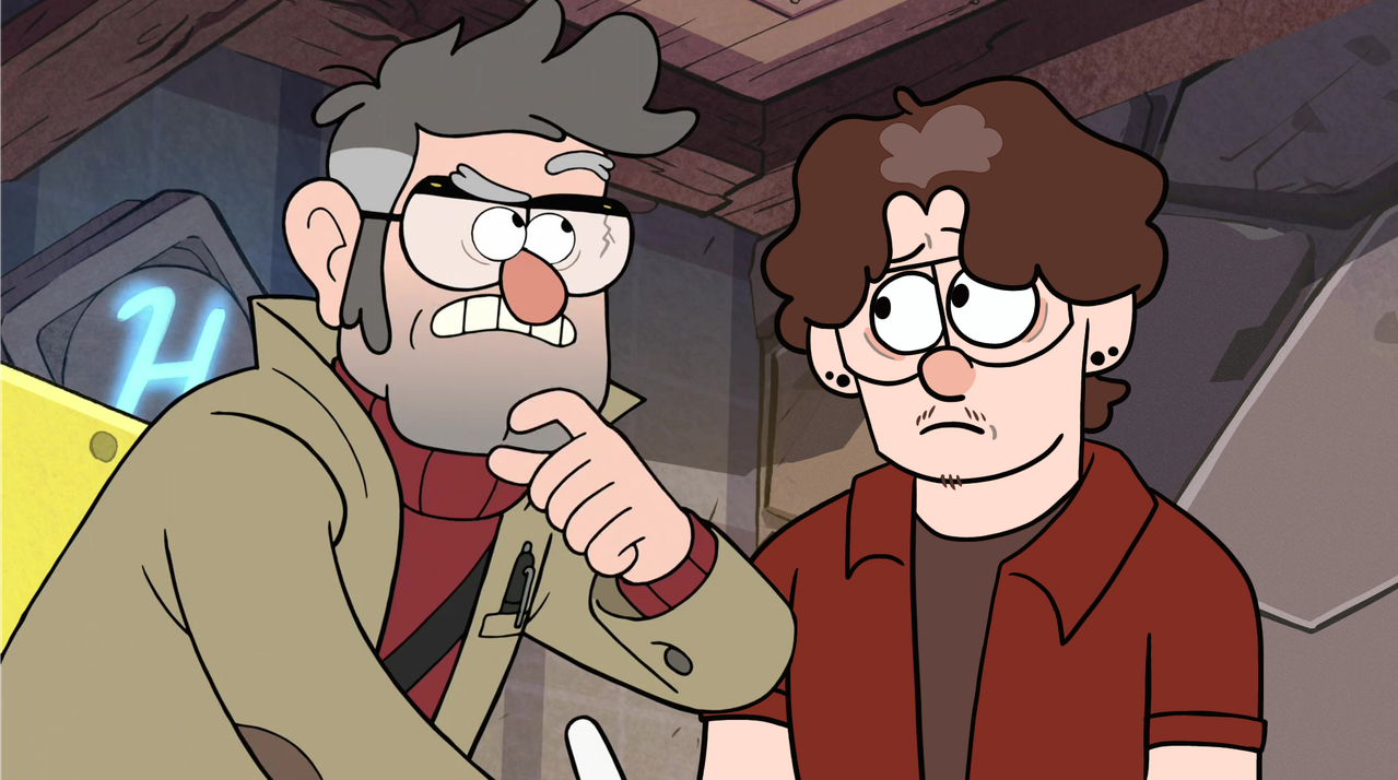 A screenshot edit of Stanford Pines from Gravity Falls and the Webmaster's self-insert. Ford has his hand on his chin, looking away with a inquisitive expression. Charlie stands next to him, looking at him skeptically.