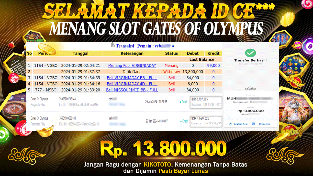 MENANG BESAR DI SLOT ONLINE GATES OF OLYMPUS SEBESAR Rp 13,800,000 LANGSUNG DAN TANPA BASA BASI DI BAYAR KIKOTOTO !!!
