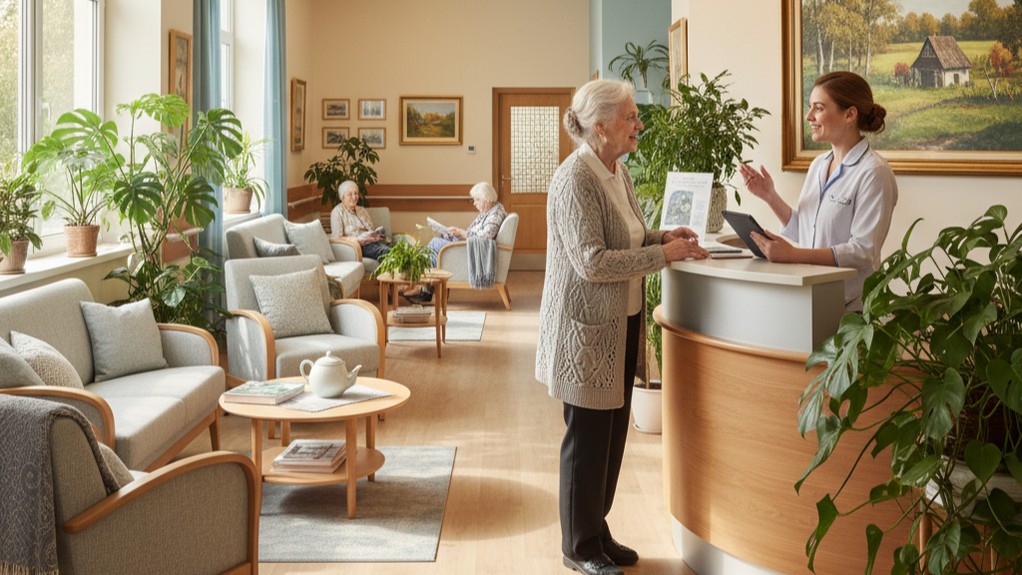 Консультация в доме престарелых - женщина выбирает услуги пансионата