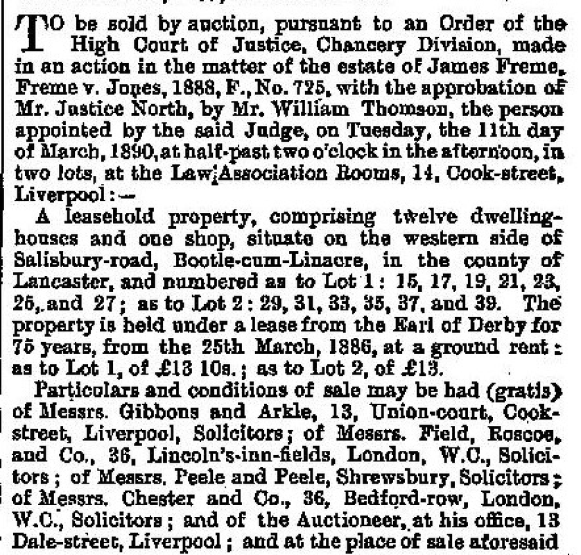 1890 February 14 London Gazette Salisbury Road Auction