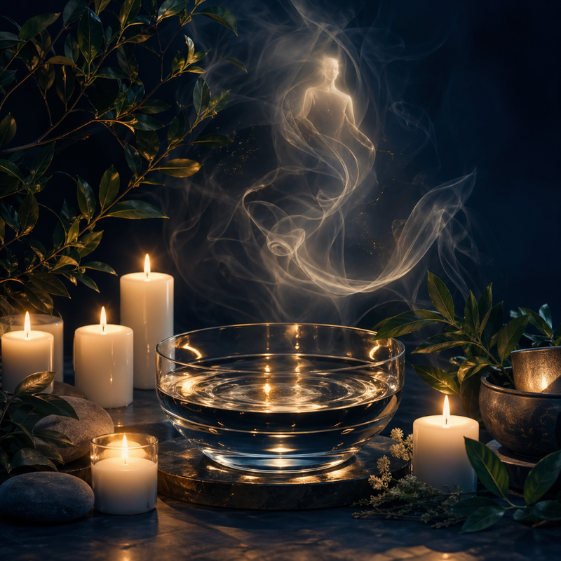 Limpieza energética con velas blancas agua plantas y humo suave