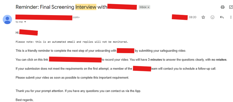 Interview invitation email received for a personal statement written by our team