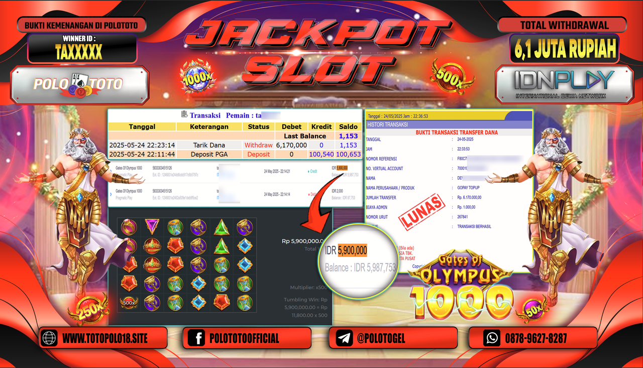 POLOTOTO JACKPOT SLOT GATES OF OLYMPUS 1000 Rp.6.170.000,-