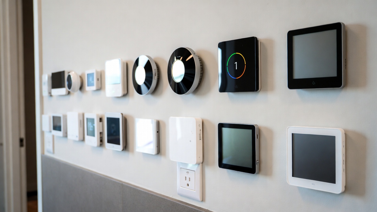 Collection of the best smart thermostats of 2026 mounted on a modern home wall