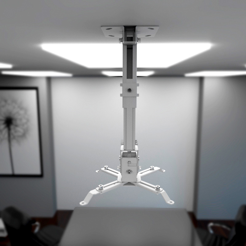 Soporte para proyector KlipXtreme mostrando su capacidad de inclinación y gestión de cables.