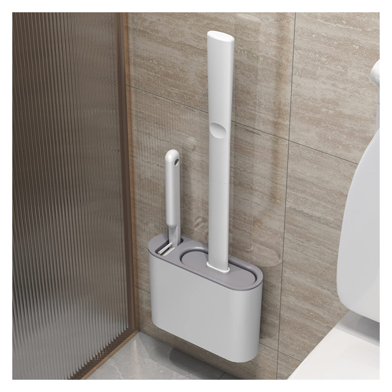 Set Perie WC din silicon pentru toaleta, AT PERFORMANCE®, Cap Flexibil, fixare pe perete, cu recipient din plastic, aspect modern, Alb - Sanitare - atMag.ro