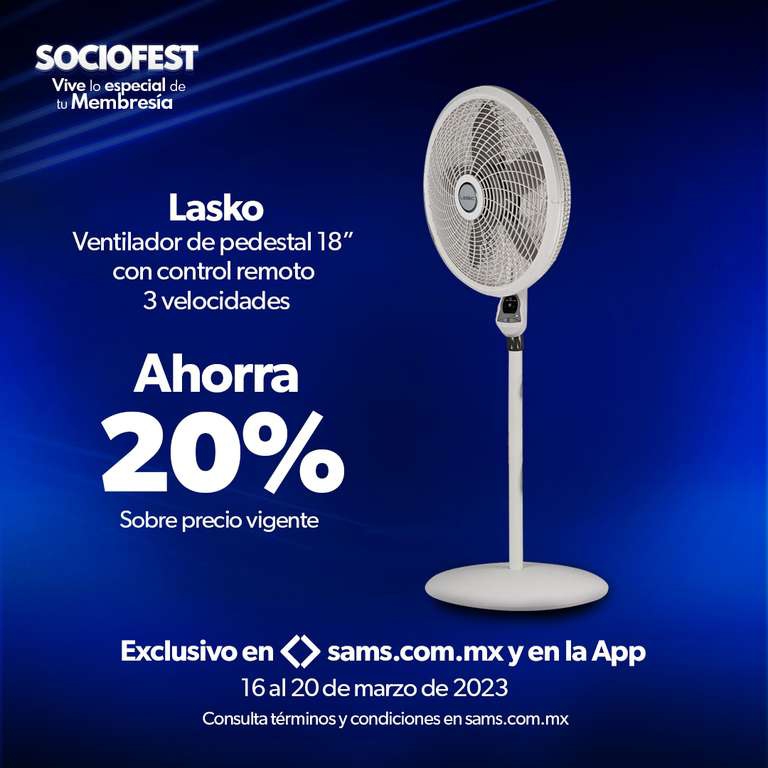 Sams Club: Ventilador de Pedestal Lasko Cyclone 3 Velocidades con Control al 20% sobre precio vigente ($981.26) 
