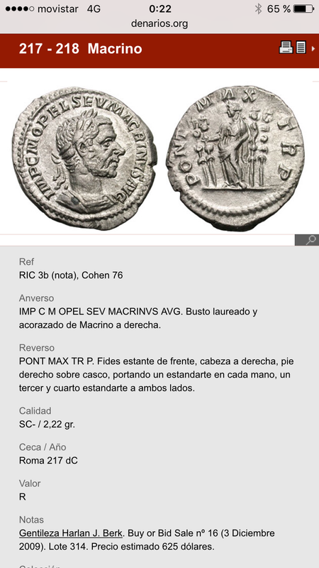 Denario Macrino. IOVI CONSERVATORI. Júpiter estante a izq. con Macrino. Roma. FA2-A018-F-D2-C6-4466-9-B9-D-FBB26-D0-E54-FC