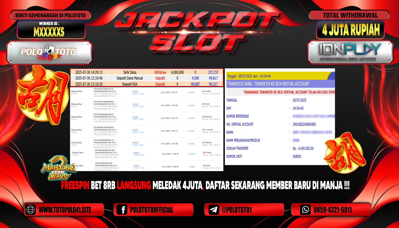 POLOTOTO JACKPOT SLOT MAHJONG WAYS 2 Rp.4.000.000,-LUNAS